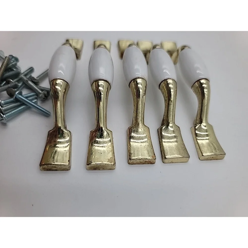 5 VTG Brass Gold Metal & Porcelain Drawer Pulls Cabinet‎ Handles Square White 3